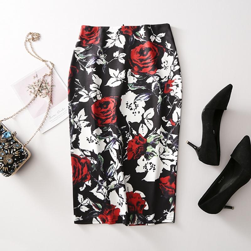 Floral Print Elastic High Waist Pencil Skirts Midi Skirt Women Printed OL Work Wear Summer Plus Size Short