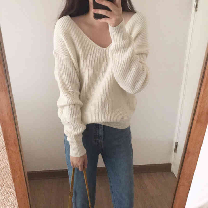 Women's Pullovers Korean-Style Back Wearable V-neck Short Section Long-Sleeved Knitted Sweater Autumn Clothes Women 916D 210420
