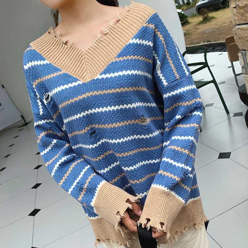 Yedinas Pullover Sweater Knitted Women Winter Ripped Long Sleeve V Neck Striped Sweaters For Casual Jumper Ladies 210527