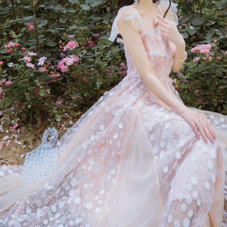 Elegant Women Sequins Square Collar Mesh Long Dress Vintage Summer French Ruffles Sleeveless High Waist Slim Fairy 210519