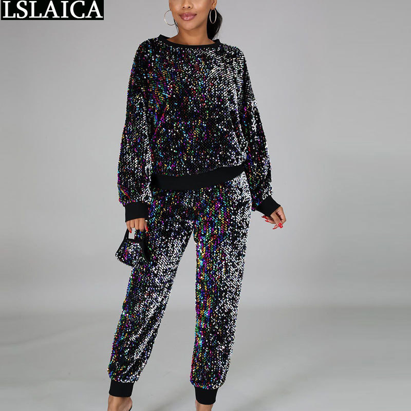 Fall Clothes for Women 2 Piece Set Fashion Bling Sequin Long Sleeve Tops and Full Length Pants Sets with Mask Club Outfits 210515