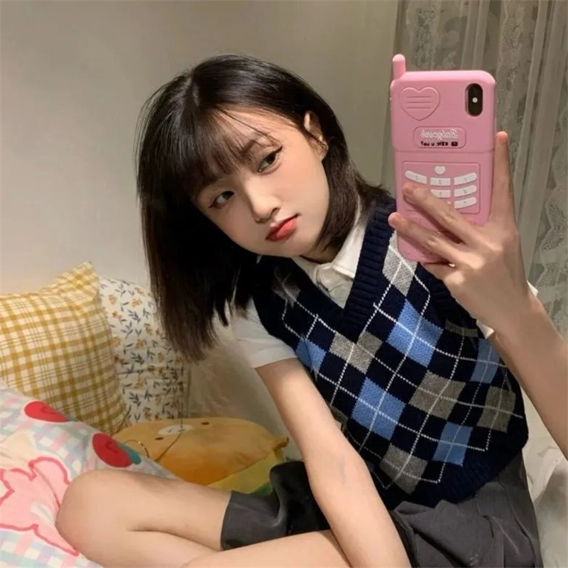 Vintage Plaid Sweater Vest Women V-Neck Slim Short Sleeveless Casual Preppy Pullovers Knitted Female Tank Tops Students 210421