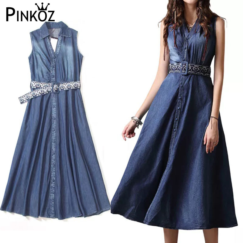 elegant v-neck denim single breasted dress femmal casual daily maxi dresses with belt summervestidos chic plus size 2XL 210421