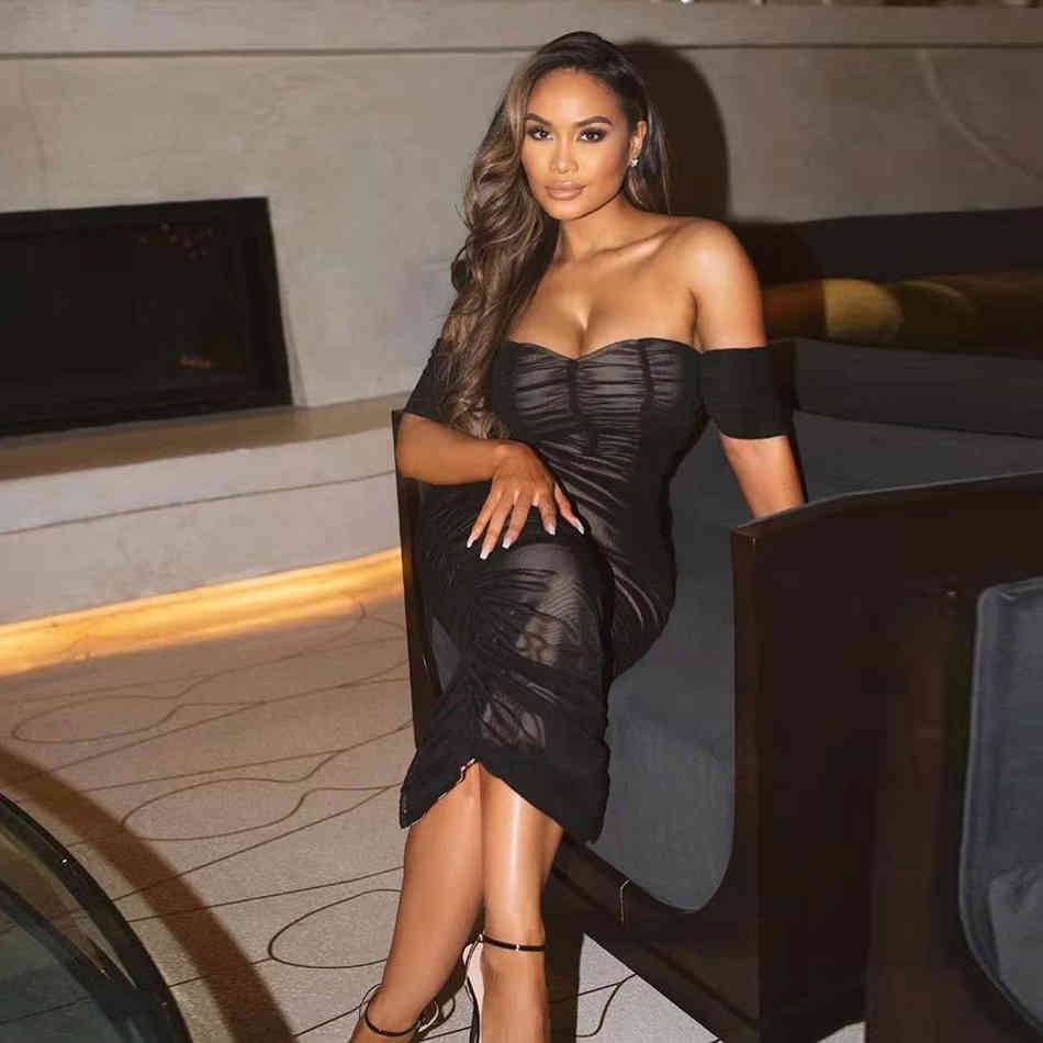Free Women Bandage Dress Sexy Card Shoulder Short Sleeve Bodycon Mesh Draped Club Party Midi Vestidos 210524