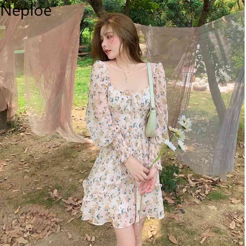 Neploe Summer Sweet Floral Dress Women Elegant Square Collar Long Sleeve Beach Dresses Temperament Slim Lace-up Chiffon Vestidos 210422