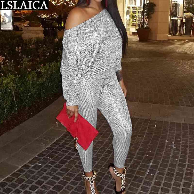 Set Clothes For Women Long Sleeve Off Shoulder Tops&women Pants Sequin Two Piece Outfits Streetwear Party 2 Peice Sets 210520