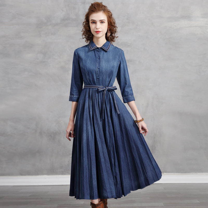 Johnature Women Vintage Denim Dresses High Waist Seven Sleeve Spring Turn-down Collar Original Women Belt Pleated Dress 210521, Blue
Johnature Women Vintage Denim Dresses High Waist Seven Sleeve Spring Turn-down Collar Original Women Belt Pleated Dress 210521, Blue