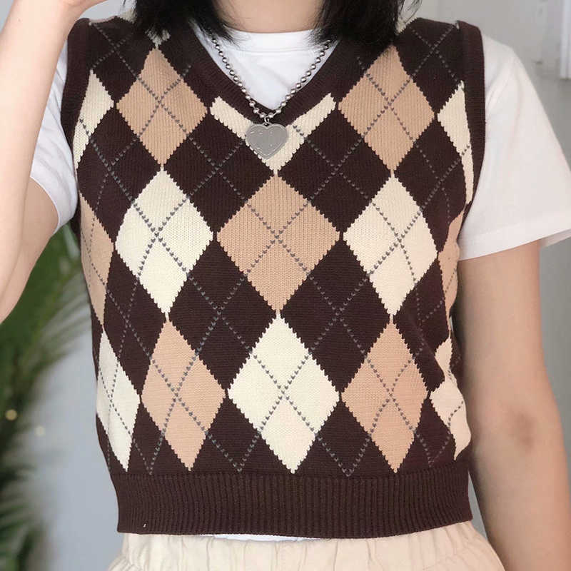 PUWD Slim Girls Bomb Arglye Sweaters Spring-Autumn Fashion Ladies Sweet V-Neck Knitted Vest Vintage Women Chic Knitwear 211014