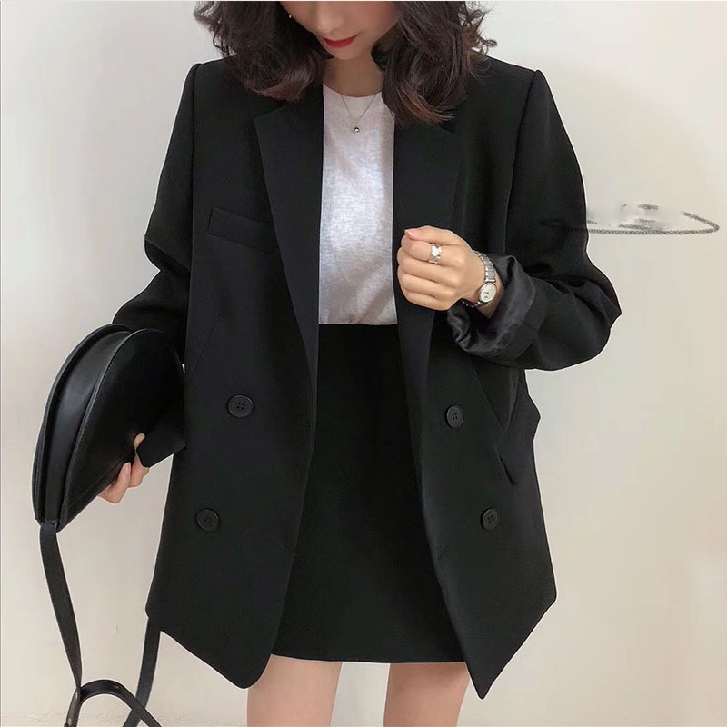Women Blazer Skirt 2 Pieces Set OL Suit Double Breasted Oversized Jacket office suits 210510