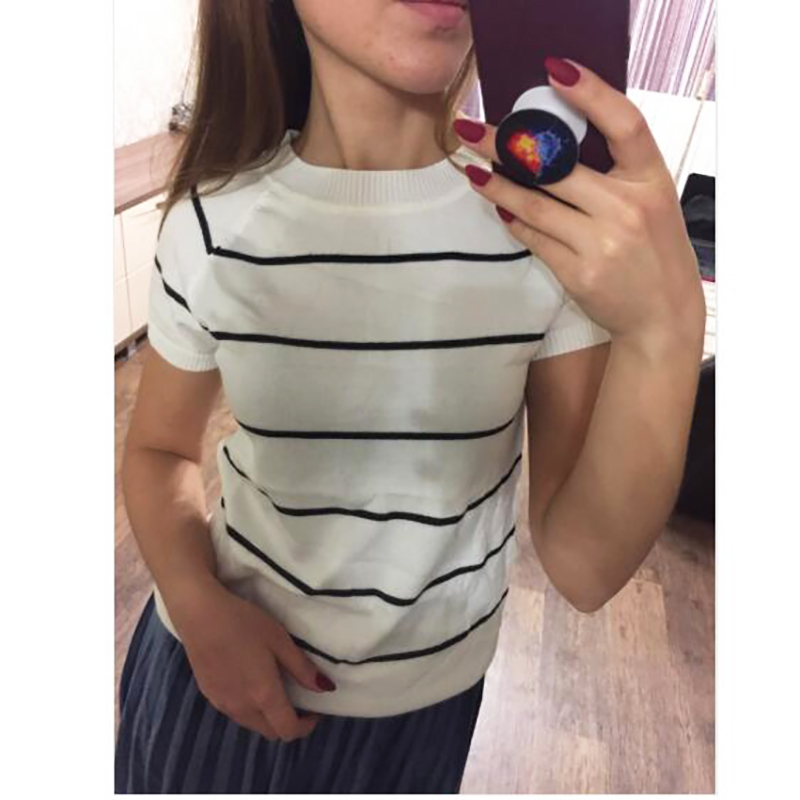 Lizkova Summer Knitted Striped T-shirt Women Korean Cute Short Sleeve Tops Harajuku style Streetwear Clothes 210406
