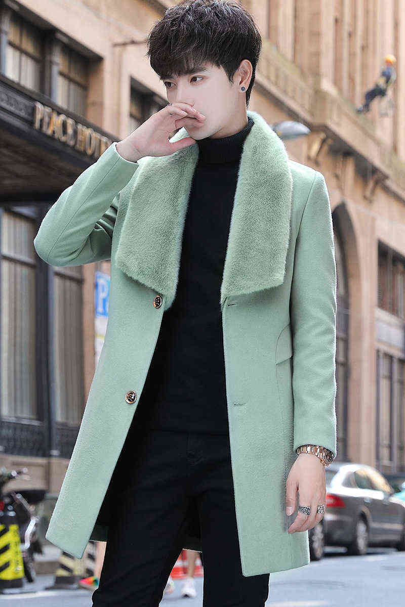 Winter Thicker Jackets Mens Wool Trench Coat Fur Collar Keep Warm Long Overcoat Men Casual Windbreaker Erkekler Ceket 211122