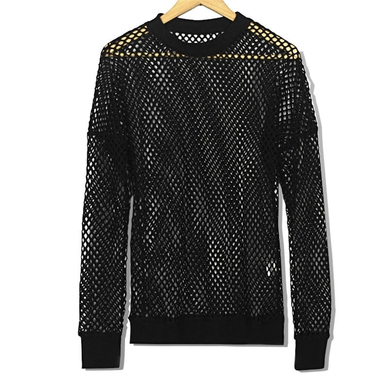 Mens Sexy Fishnet See Through T-Shirt Long Sleeve Transparent Tshirt Homme Punk Gothic Nightclub Prom T Shirt for Men Camisetas 210623