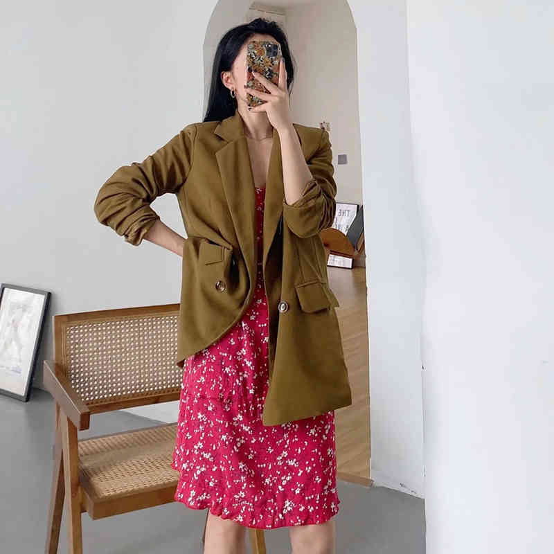 Women Solid Casual Double Breasted Suit Blazer Ladies Office Wear Long Sleeve Blazers Notched Collar Pockets Jackets 210414