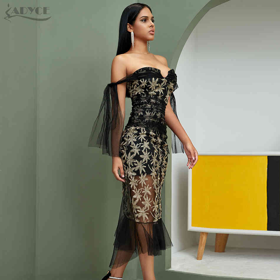 Summer Lace Off Shoulder Women Club Dress Sexy Short Sleeve Sequined Celebrity Evening Runway Party Vestido 210423