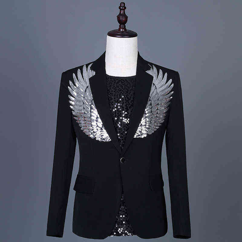 Casual Jacket with Sequined Wings Black Blazer for Men Slim Groom Wedding Suit Nightclub Party Stage Costume 211111
Casual Jacket with Sequined Wings Black Blazer for Men Slim Groom Wedding Suit Nightclub Party Stage Costume 211111