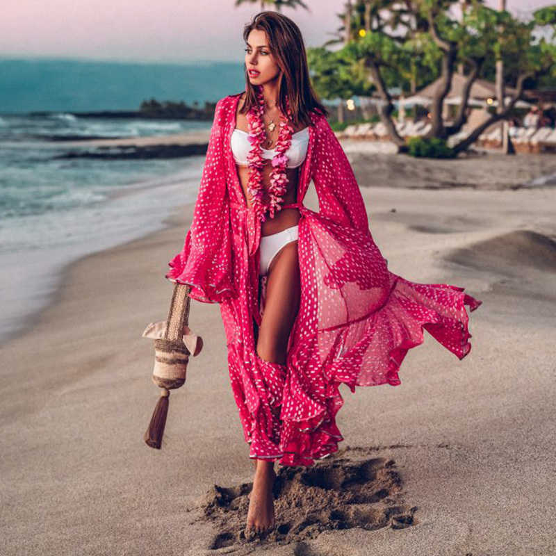 Women Swimsuit Cover Up Sleeve Kaftan Beach Tunic Dress Robe De Plage Solid White Cotton Pareo Beach High Collar Cover Up T200601