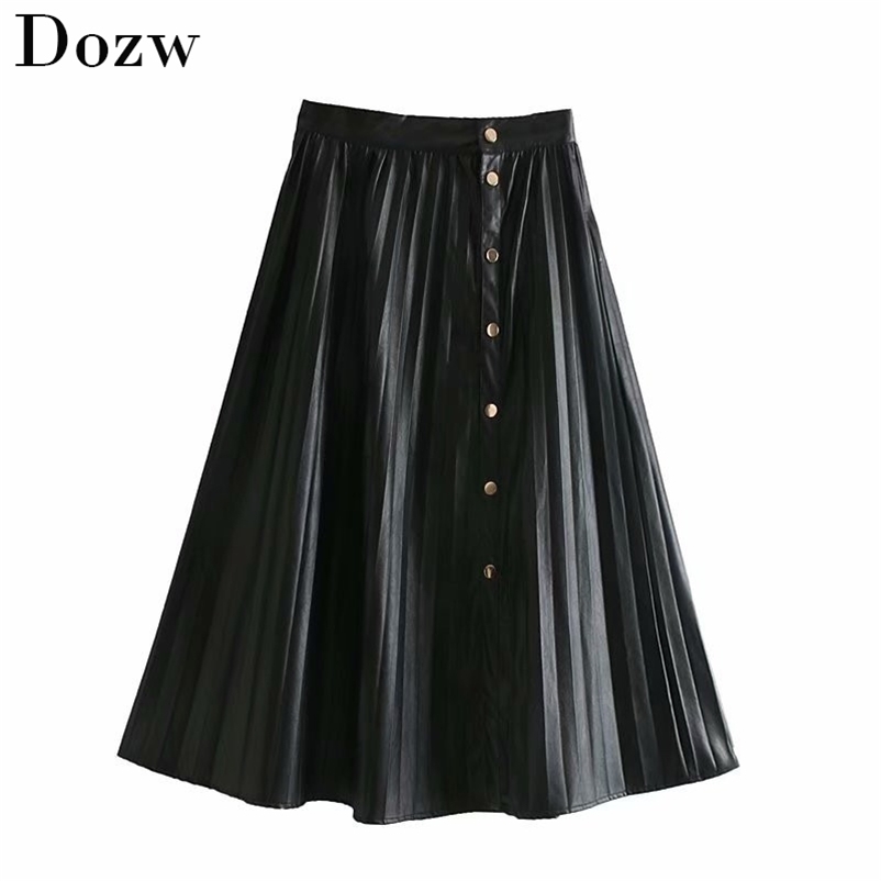 Women Faux Leather Pleated Skirt Fashion Loose A-line s Female Autumn Winter Elegant Office Lady Midi 210515