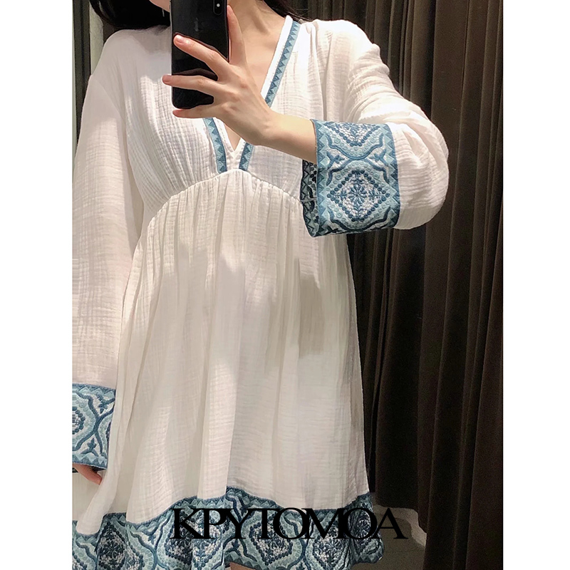 Women Chic Fashion Patchwork Embroidery Mini Dress V Neck Long Sleeve Female Dresses Vestidos Mujer 210420