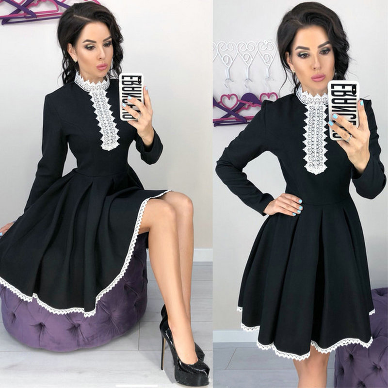 Vintage Lace Hem Patchwork A Line Dress Casual Turtleneck Long Sleeve Women Autumn Elegant Knee Length es Lady Party 210507