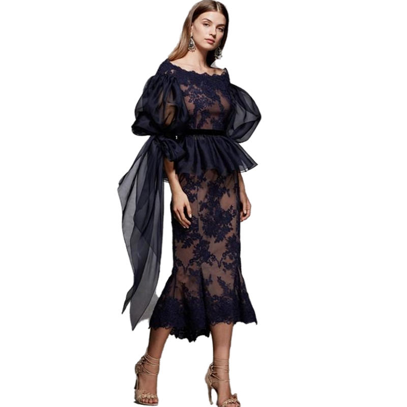 Elegant Tea Length Straight Evening Dresses For Women 2022 Scoop Neck Dark Navy Lace And Champagne Lining Short Sheath Formal Party Gowns Puff Sleeve 