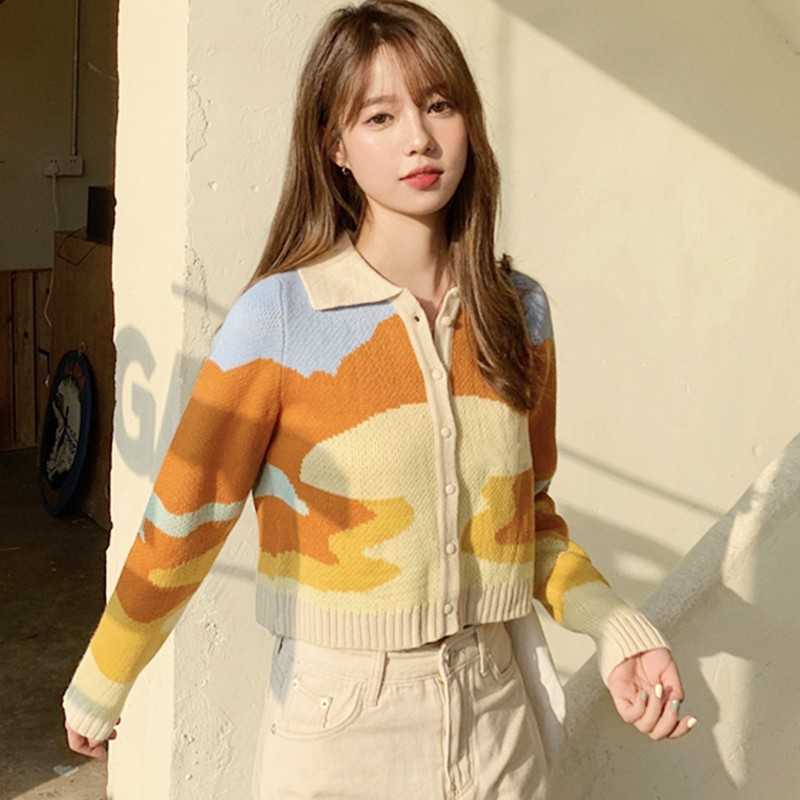 Yedinas Sweet Cropped Cardigan Knitted Long Sleeve Oil Painting Cute Women Sweater Slim Ladies Jumper Korean Fashion 210527