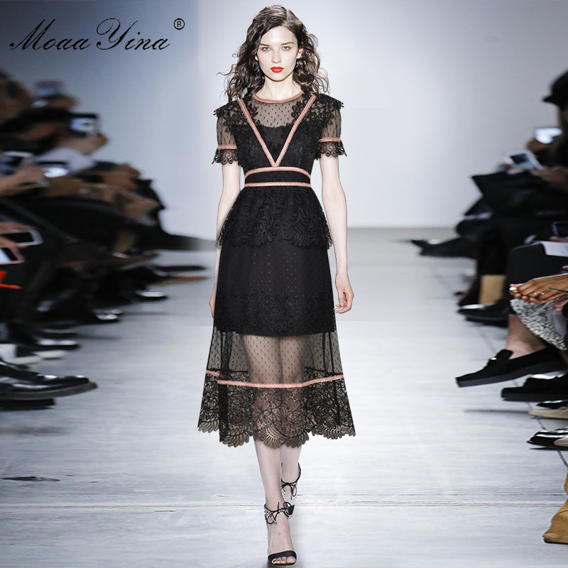 Fashion Runway dress Summer Women's Dress Short sleeve Mesh Patchwork Ruffles Black Slim Elegant Dresses 210524