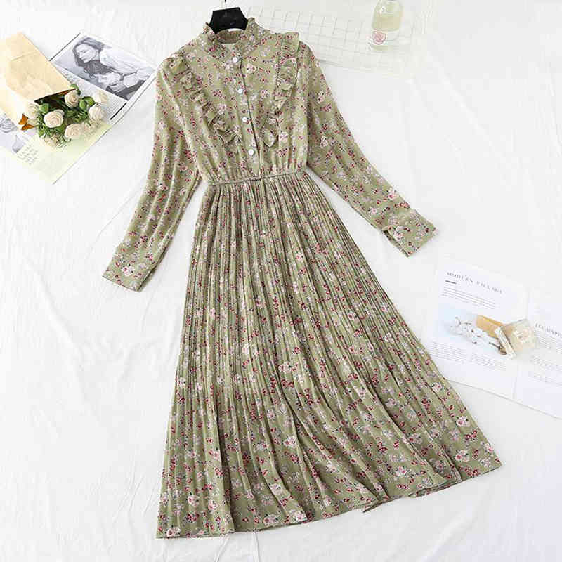 Korean Spring Print Women Chiffon Dress Vintage Long Sleeve Mid-Calf Party Dress Button Ruffles Vestidos Sweet Clothing 210521