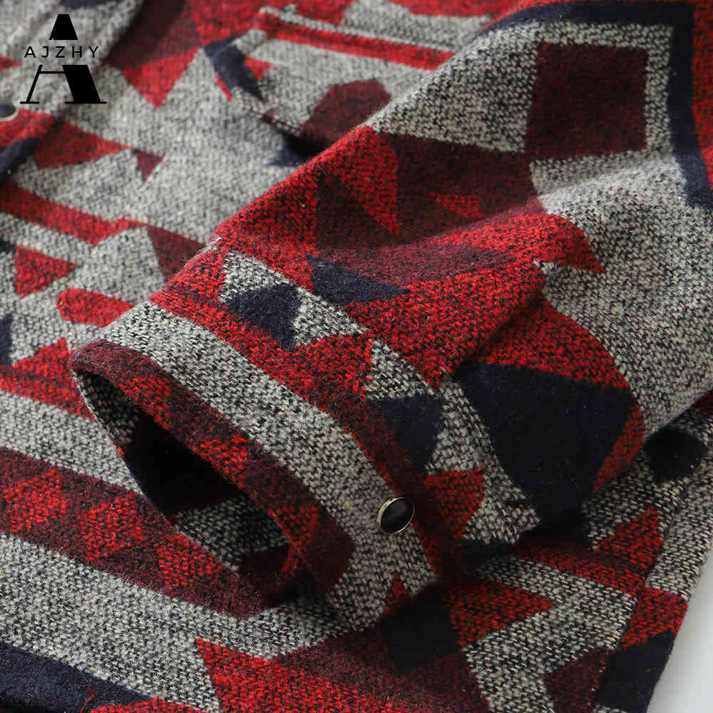 AJZHY Winter Warm Cashmere Flannel Shirt Men Long Sleeve Casual Streetwear Vintage Button Up National Geometric Retro Clothes 210410