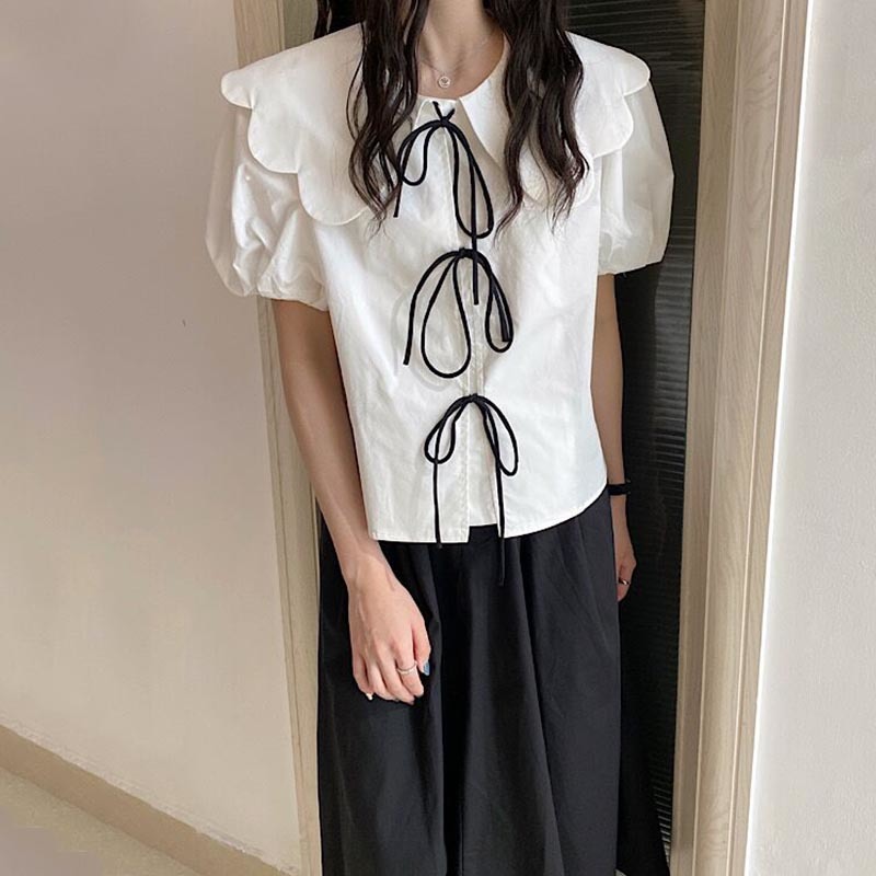 Nomikuma Sweet Bow Tie Blouse Shirt Vintage Chic Peter Pan Collar Puff Sleeve Women Tops Causal Korean Summer New Blusas 6G919 210427