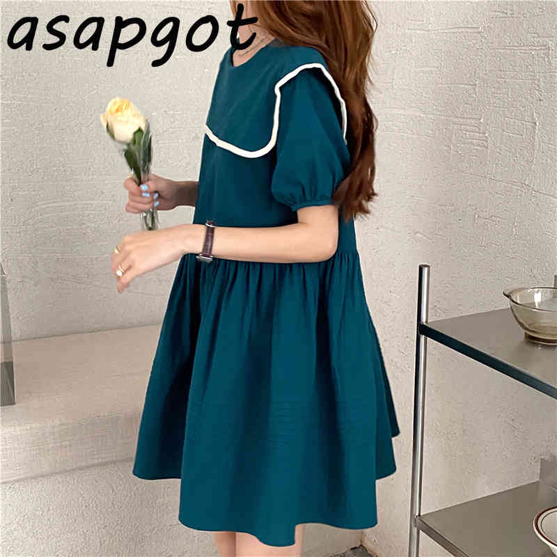 Chic Korean Preppy Style Summer Contrast Color Sailor Collor Dress Mini Student Loose Short Sleeve Doll Retro Vestido 210429