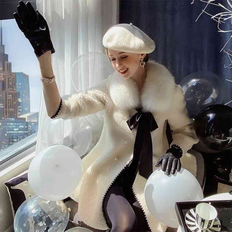 Dabuwawa Elegant Solid Double Breasted Women Wool Fur Coat Collar Soft Winter Warm Bow Skirt Long Jacket Ladies DT1DFR019 210520