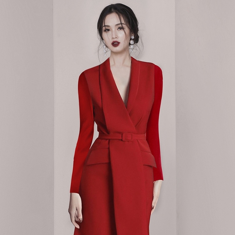 Business Elegant Vestido Da Festa Autumn And Winter Korean OL Belt Waist Notched Neck Slim Long Sleeve Red Dresses 210520