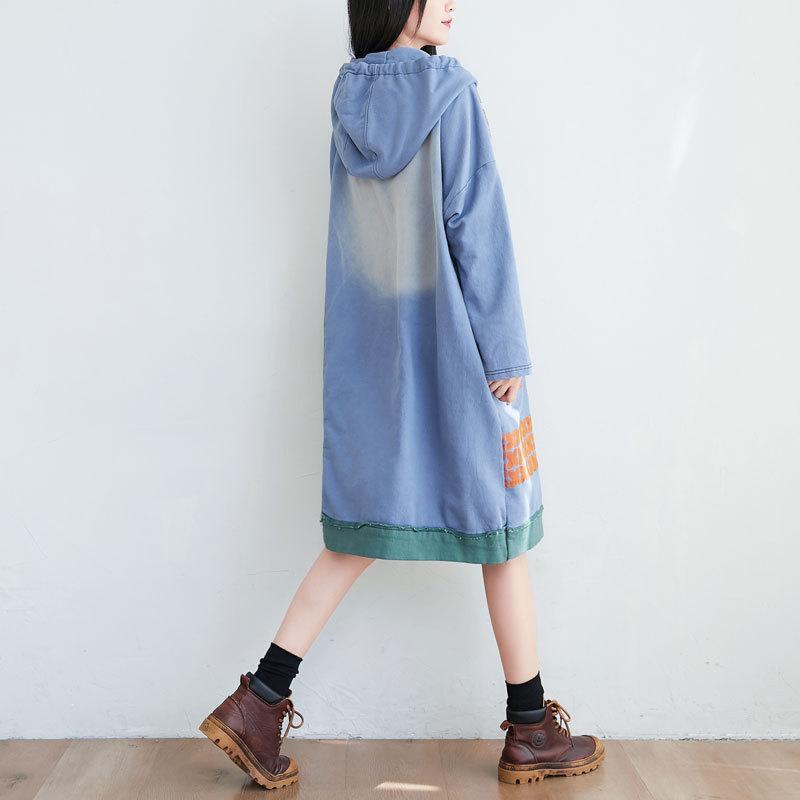 2021 Autumn Winter Patchwork Hooded Dress Women Print Korean Style Knit Cotton Robe Female Big Size Loose Casual Dresses