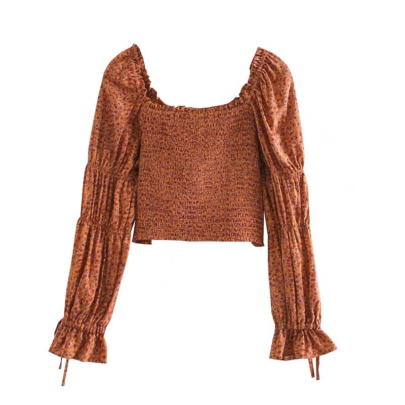 Women Ruched Elastic Slash neck floral Print Long sleeve Shirt Retro Lacing up Sheep Leg cuff Short Blouse Cropped Tops 210429