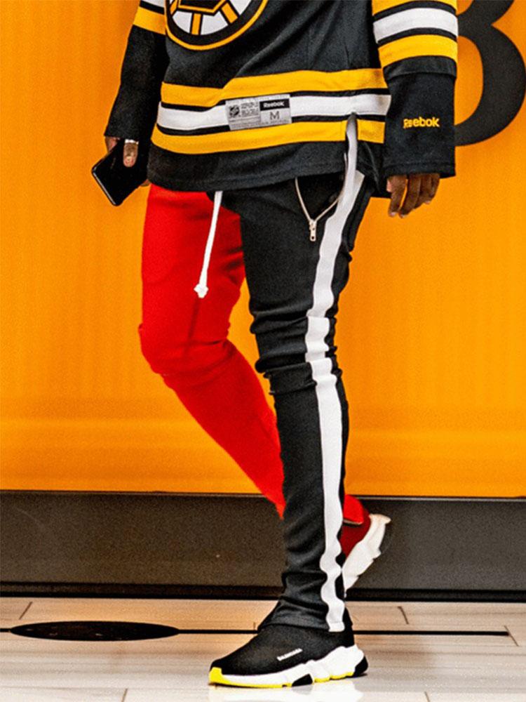 Fashion Drawstring Patchwork Two Color Mens Casual Pencil Pants Streetwear Men Slim Fit Jogger Zipper Elastic Waist Trousers Men's