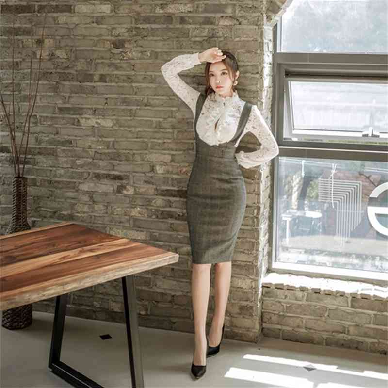 Spring Women 2 Piece Set Dress Fashion White Hollow Out Lace Blouse + Gray Vest Pencil Bodycon Skirt 210519
