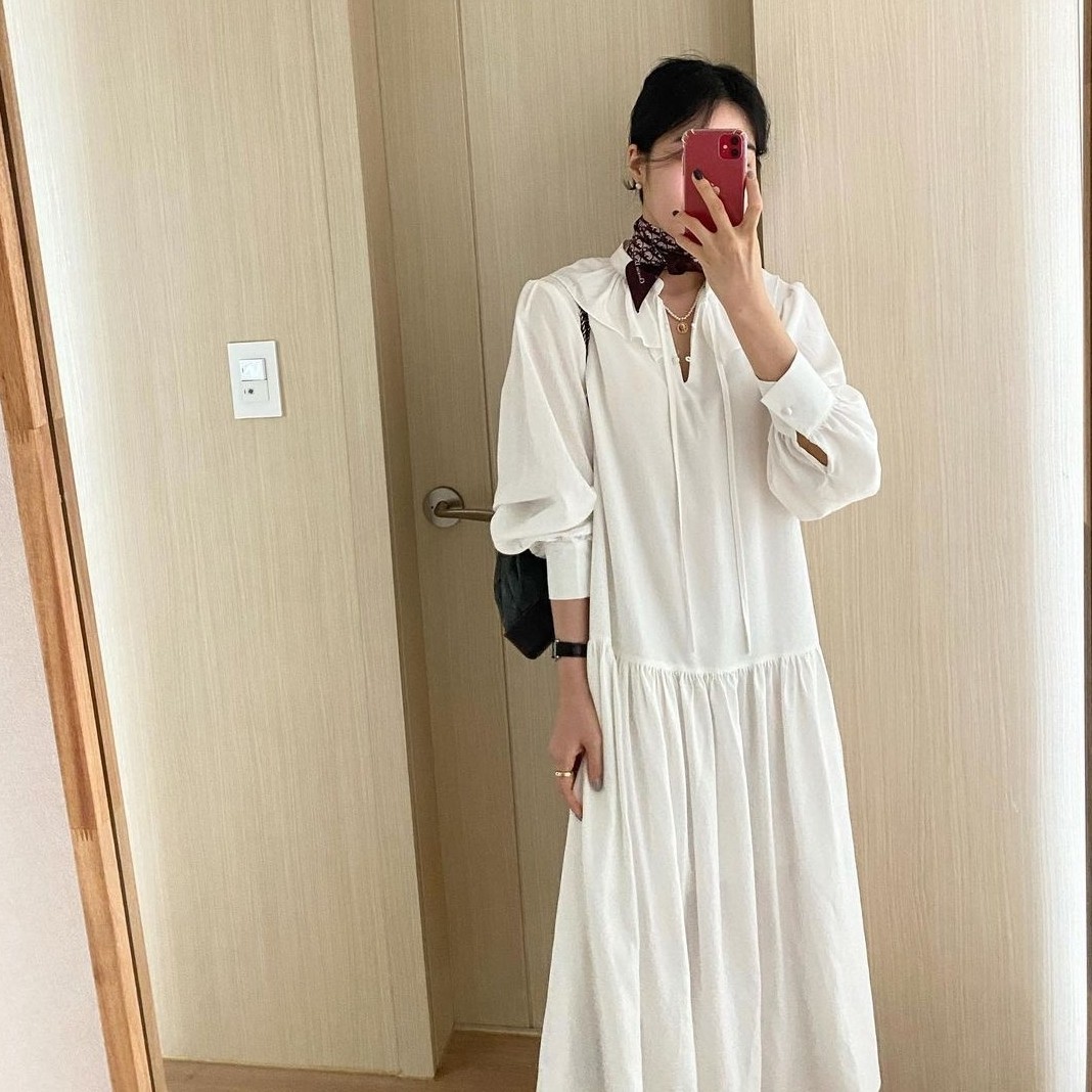 Spring Women's Loose Stand Collar Solid Color Long Sleeve Over Knee Minimalist Ruffles Lace Up Dress Female 210427
