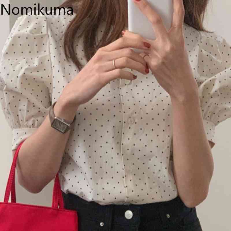 Nomikuma Causal Korean Dot Blouse Shirt Puff Short Sleeve O-neck Womens Tops Spring Summer O-neck Sweet Blusas Mujer 6H265 210427