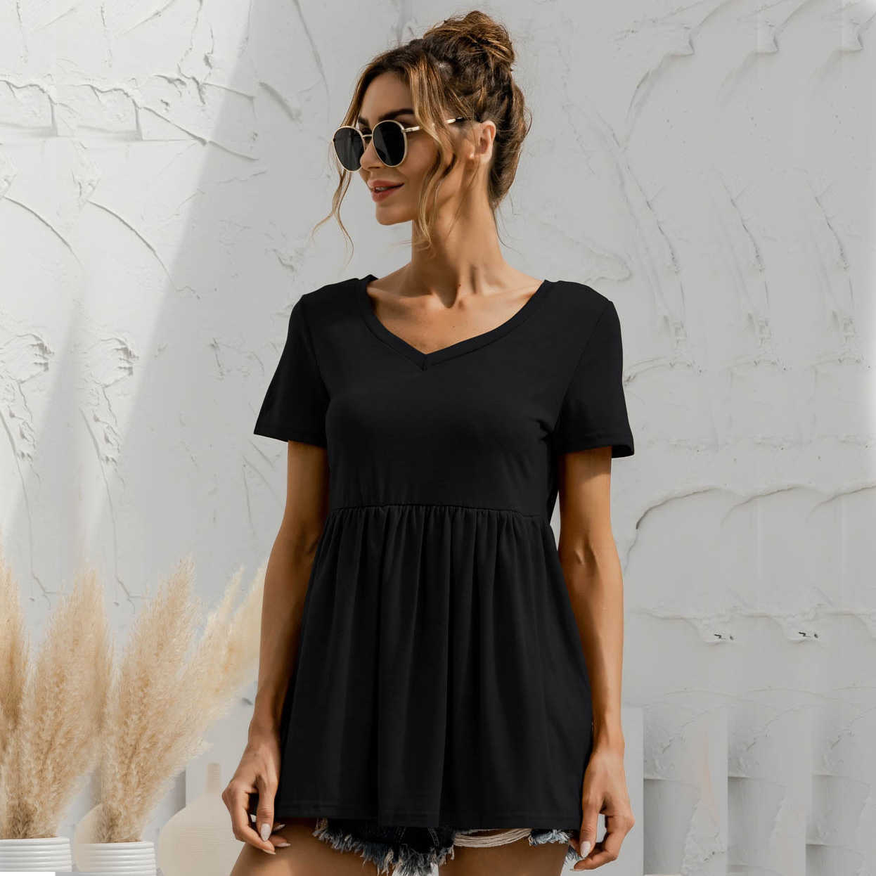 Women t shirt Summer Tops V-Neck Short Regular Sleeves Loose Long Solid Classic Casual Women's A-line T-shirt 210524
