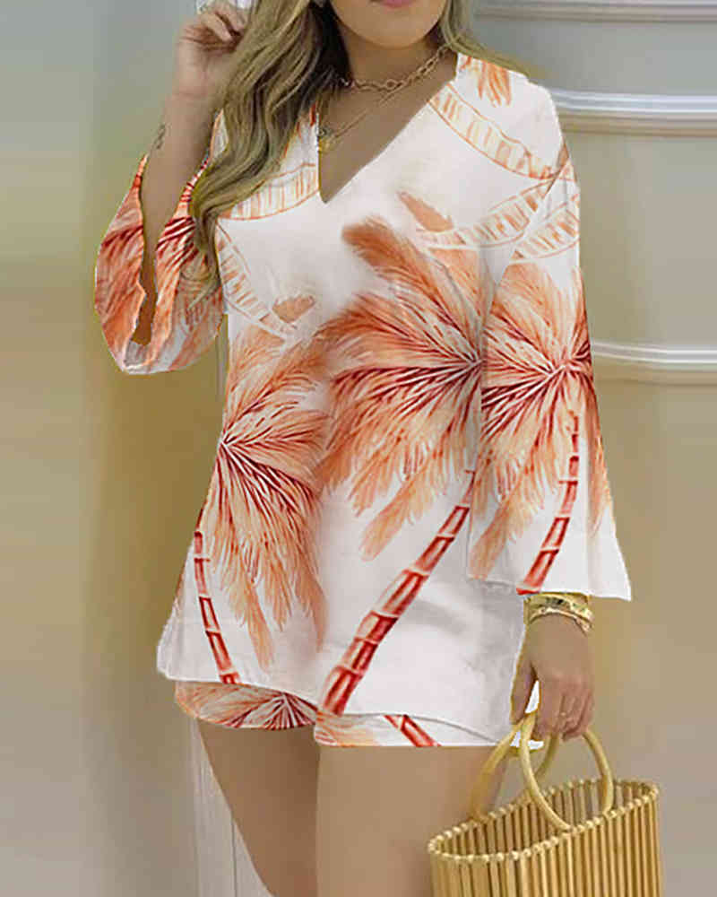 Summer Women Plain Bell Sleeve V-Neck Top & Shorts Set New Femme 9 Styles Casual Long Sleeve Blouse & Short Pants Suits 210415