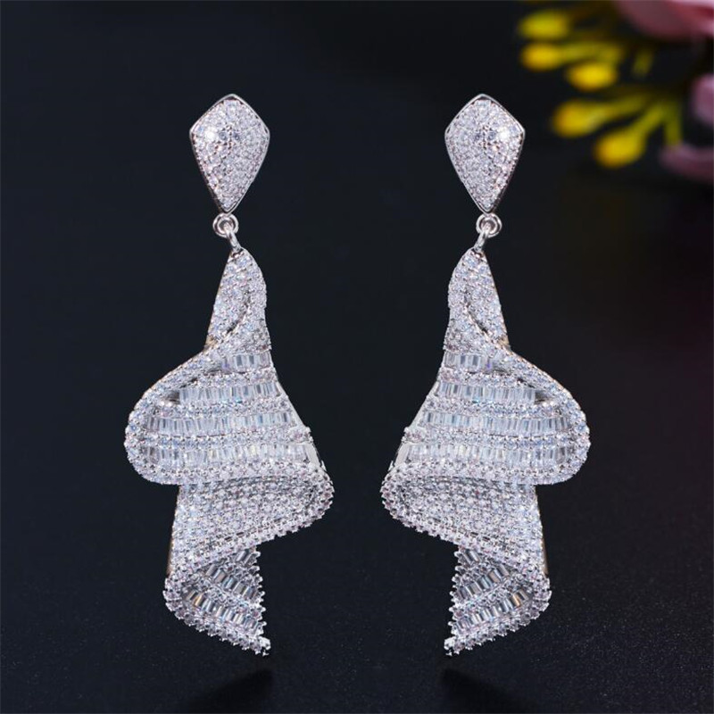 Sparkling Dangle Earrings: Princess Cut Topaz & Cubic Zirconia in Sterling Sier Free shipping