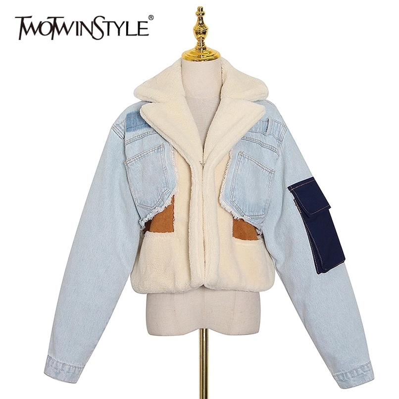 TWOTWINSTYLE Patchowrk Lambswool Denim Jacket For Women Lapel Long Sleeve Tassel Casual Coat Female Winter Fashion 211109, Beige
TWOTWINSTYLE Patchowrk Lambswool Denim Jacket For Women Lapel Long Sleeve Tassel Casual Coat Female Winter Fashion 211109, Beige