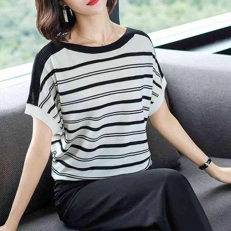 Loose Batwing Short Sleeve Stripe Knitted T-Shirt Women Casual Summer Thin Knitwear Tops Korean Style Contrast Color Tee Female 210522