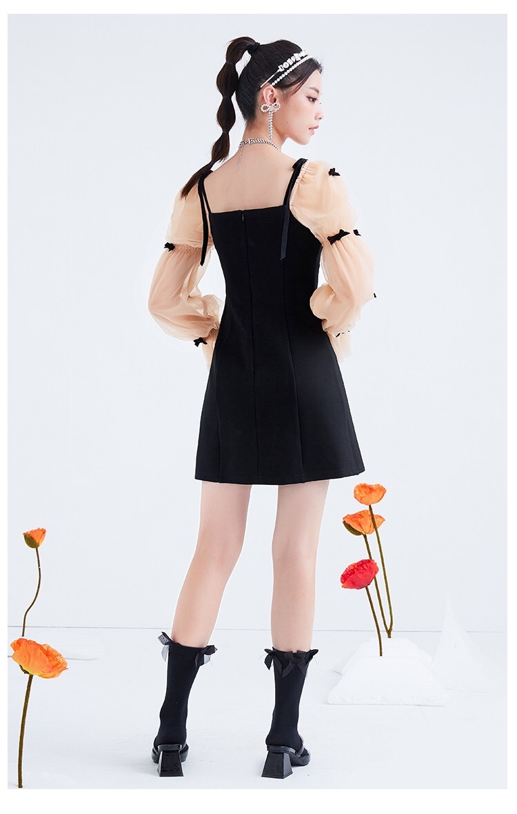 arrival fashon black patchw mesh flare long sleeve bow appliques mini bodycon dress for women casual party night club 210421