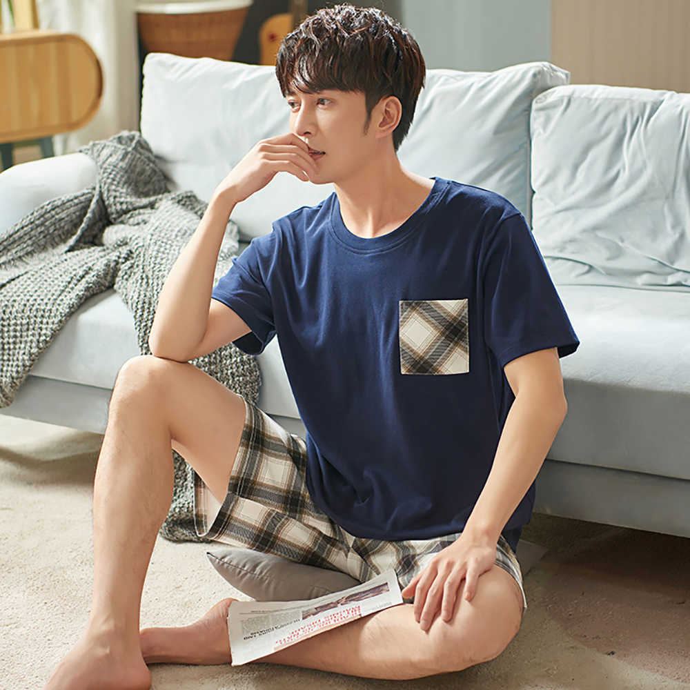 Summer Men Cotton Pajama Casual Short Sleeve Pajamas Set With Pocket Male Plaid Shorts Thin Sleepwear Suit Plus Size Nightwear 210812