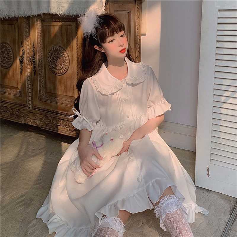 Japanese Sweet Girl Lolita Drees Kawaii Peter Pan Collar Cute Ruffle Puff Sleeve Solid Color Elegant Retro Lady 210623