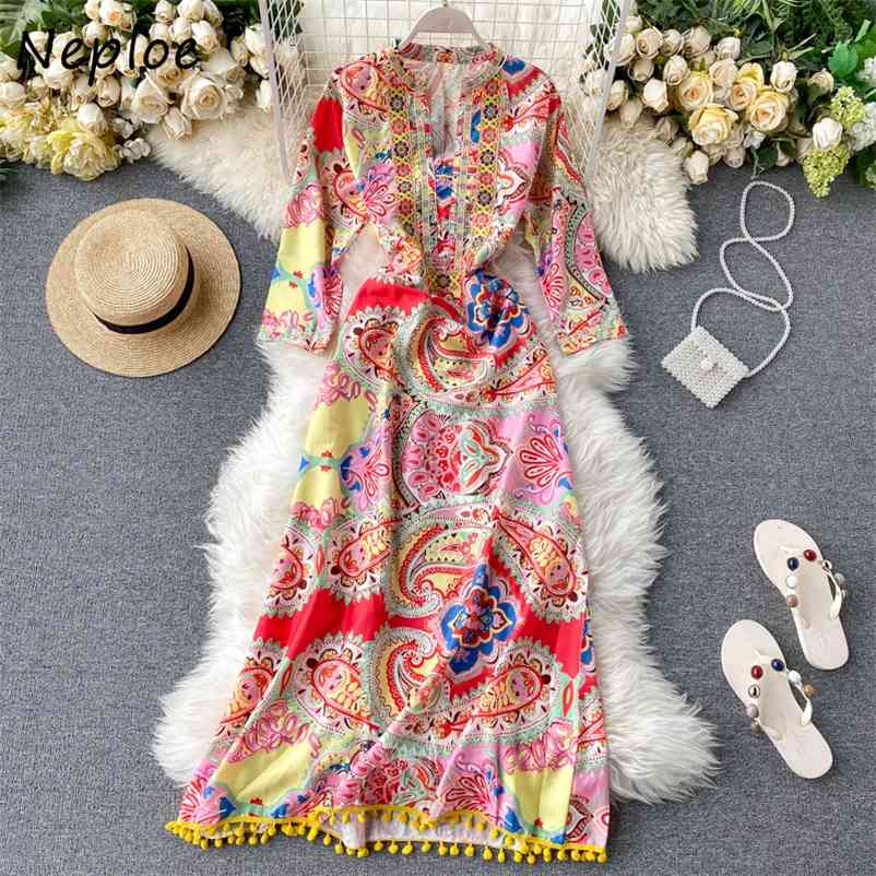 Chic Print Pattern Slim Waist Dress O-neck Tassel Patchwork Femme Vestidos Autumn Fashion A-line Dresses Women 210422Z