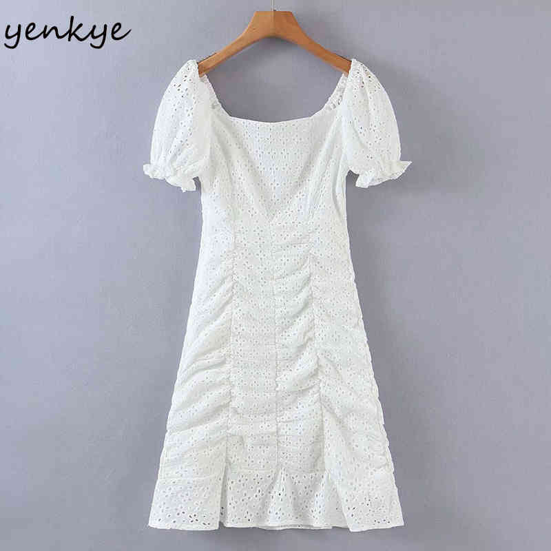 YENKYE Fashion Women White Draped Sexy Lace Dress Female Square Neck Short Sleeve Bodycon Mini Dress Summer Party Vestido 210515