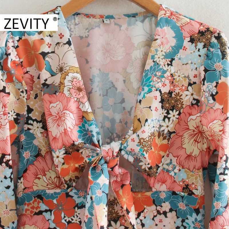 Zevity Women Sexy Deep V Neck Knotted Floral Print Casual Slim Midi Dress Female Pleats Long Sleeve Split Party Vestido DS4634 210603