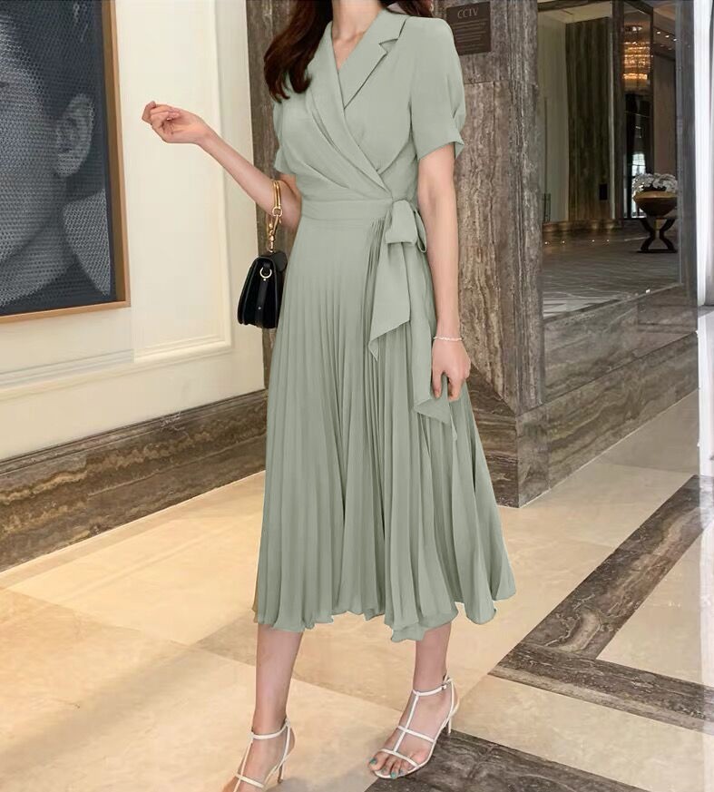 Women's fashion Notched Neck Pleated Dress Draped Lace Up Bow Midi Dresses OL Elegant Work Wear Business Vestidos 210519